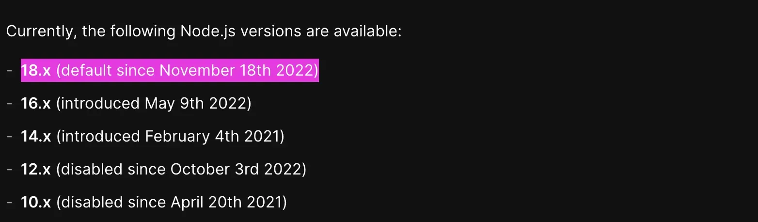 vercel은 작년 2022년 12월에 node 18 버전을 지원해요