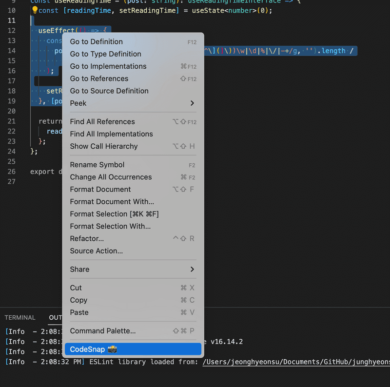 codesnap 버튼